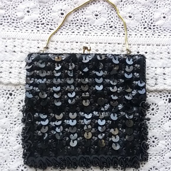 Vintage Black Sequined Evening Bag Handmade in Hong Kong - Picture 1 of 7